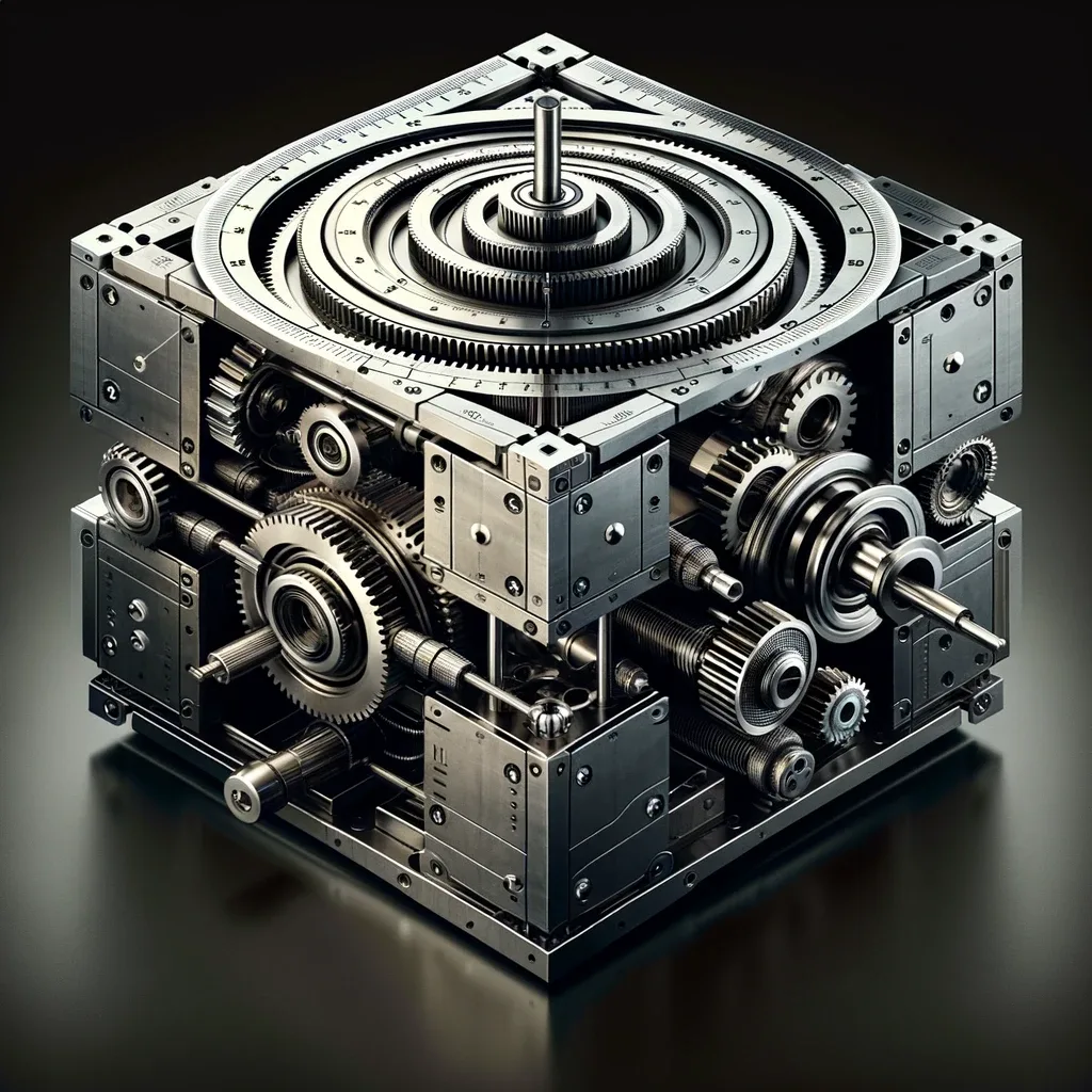 Complex cube-shaped mechanical structure with gears and circular patterns.