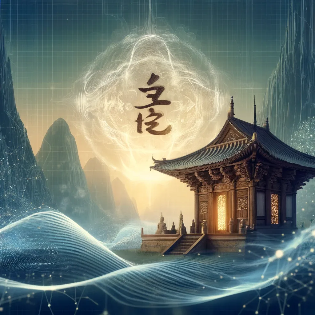 An ancient temple set against a digital and ethereal landscape with flowing lines and a glowing sphere.