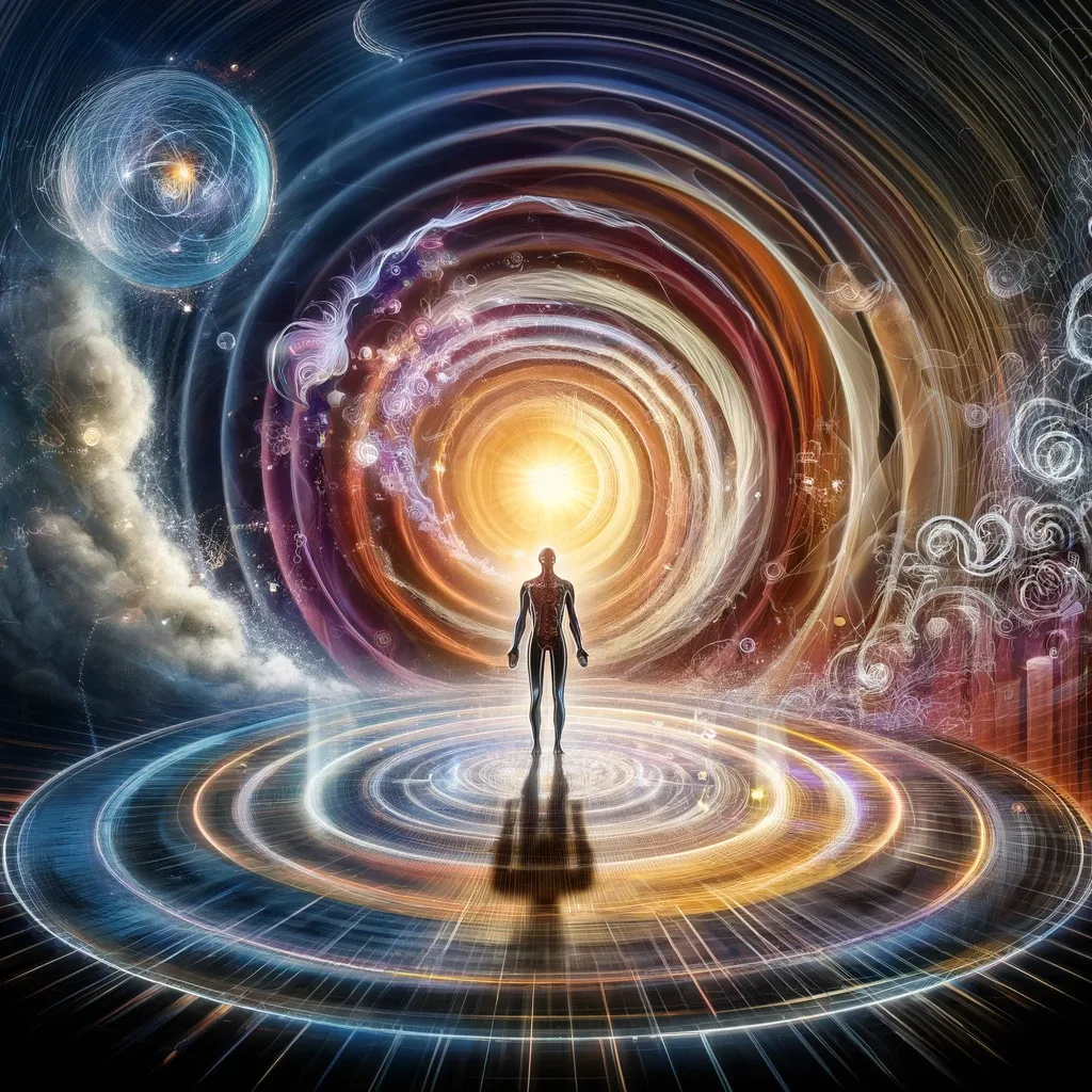 A figure standing before a radiant vortex, with swirling cosmic and digital patterns.