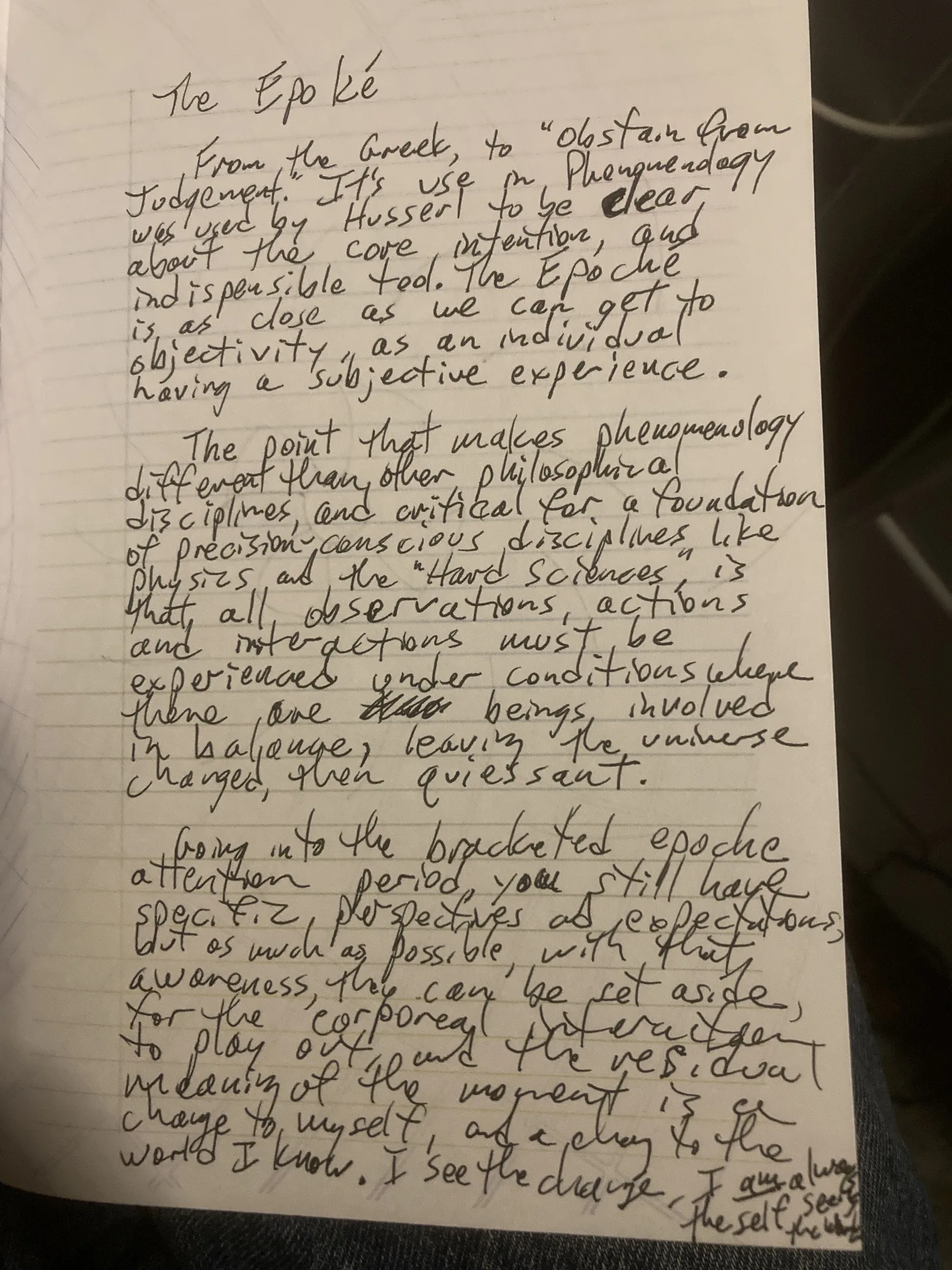 Notebook Phenomenology writing on