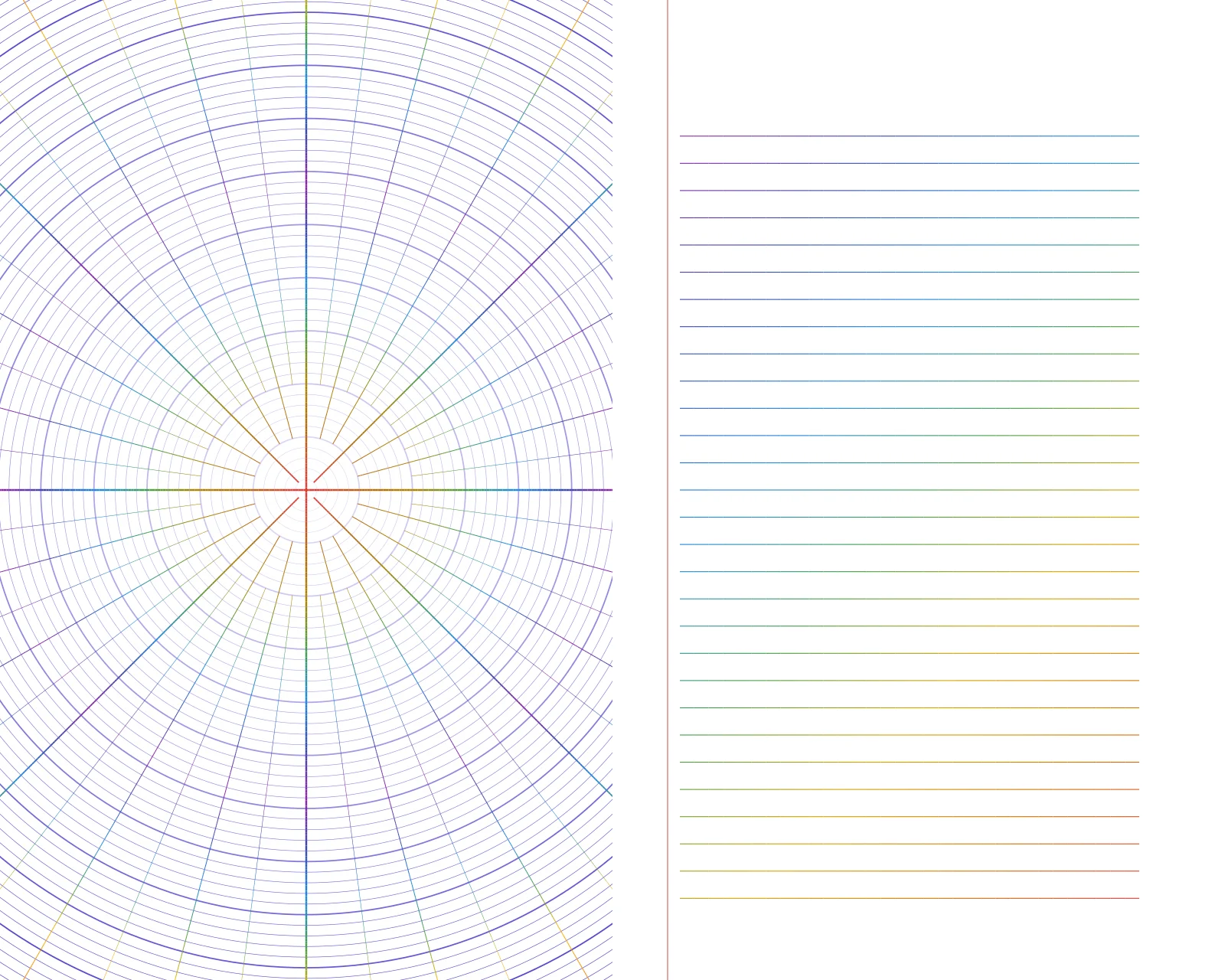 A spread: polar grid on the left page, ruled lines on the right